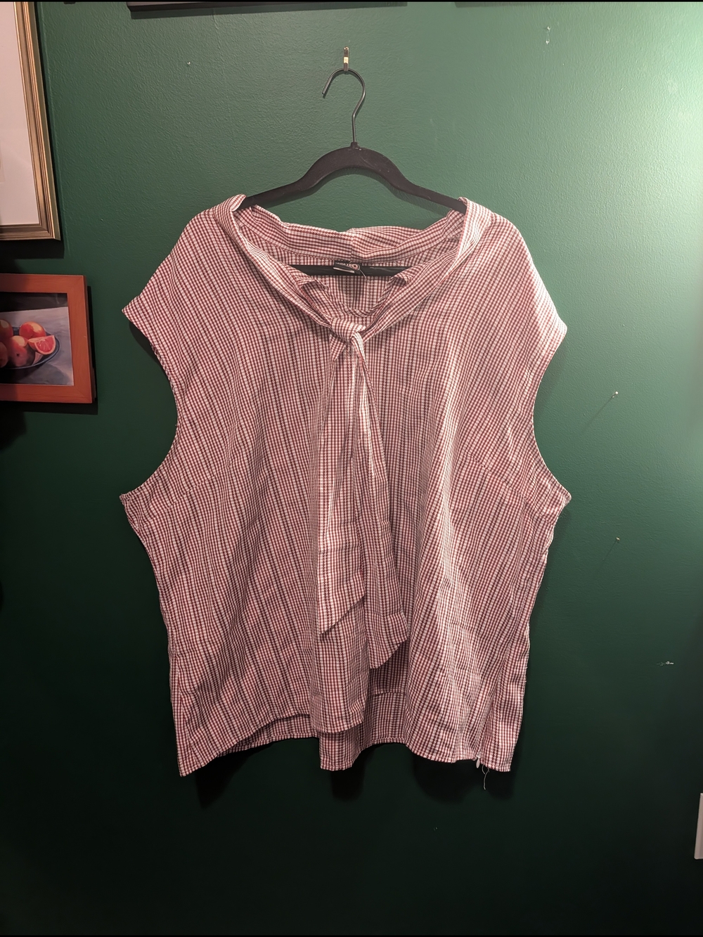 Retrolicious Red and White Gingham Tie-Neck Sleeveless Blouse